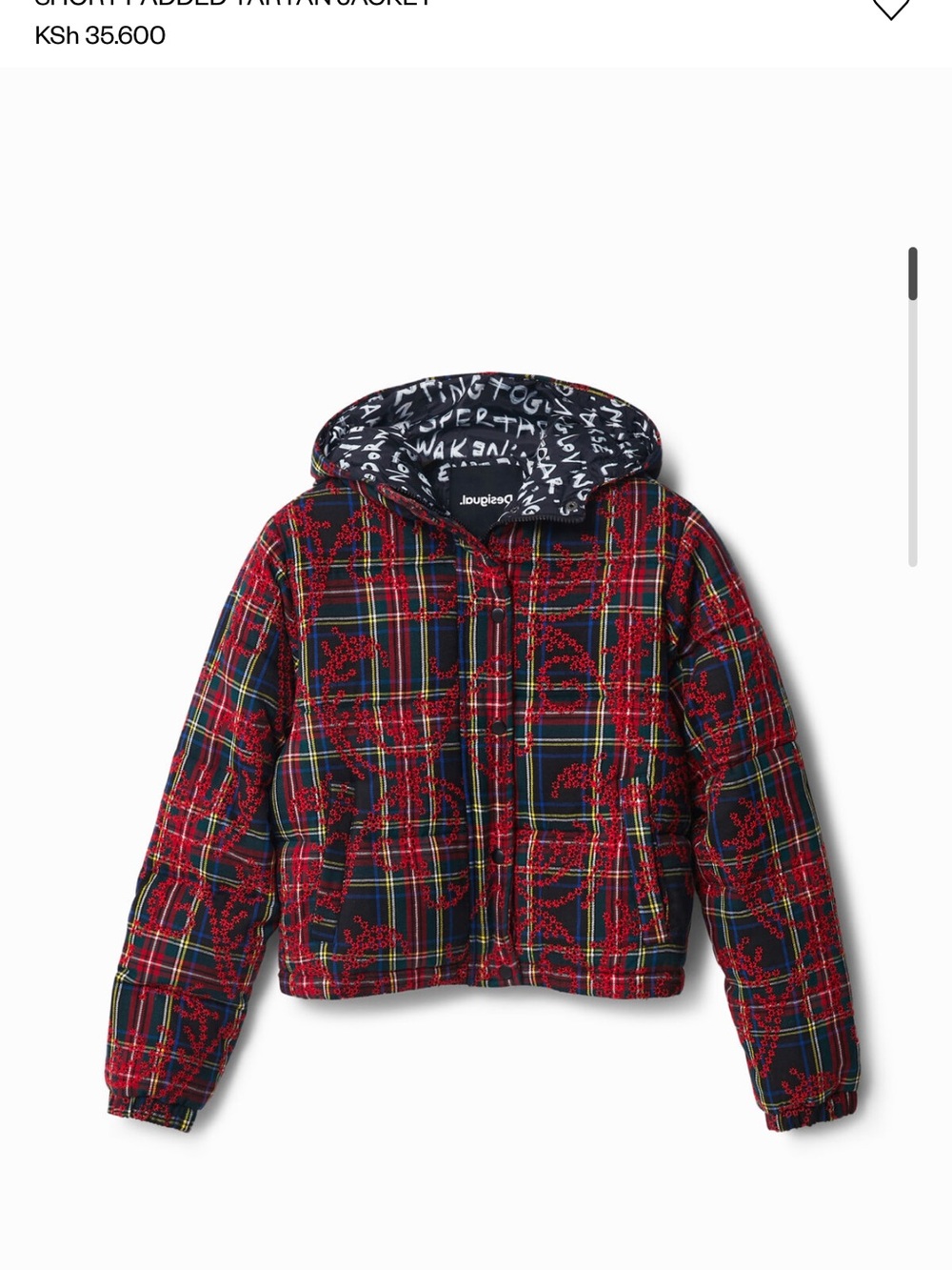 DESIGUAL Kris Tartan Embroidered Puffer Jacket Hooded Plaid Crop Coat 22WWEW69